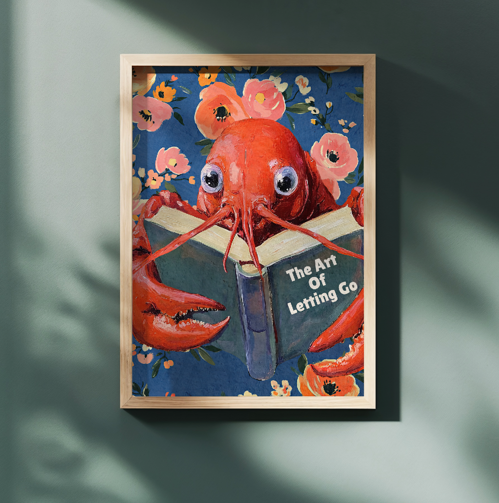 Lobster Reading “The Art of Letting Go” – Funny Book Art Print, Quirky Librarian Kitchen or Shelf Decor