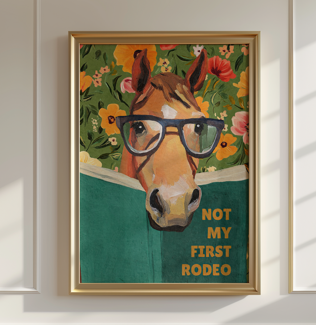 Horse Reading Book Art Print – “Not My First Rodeo” Funny Literary Decor for Horse Lovers