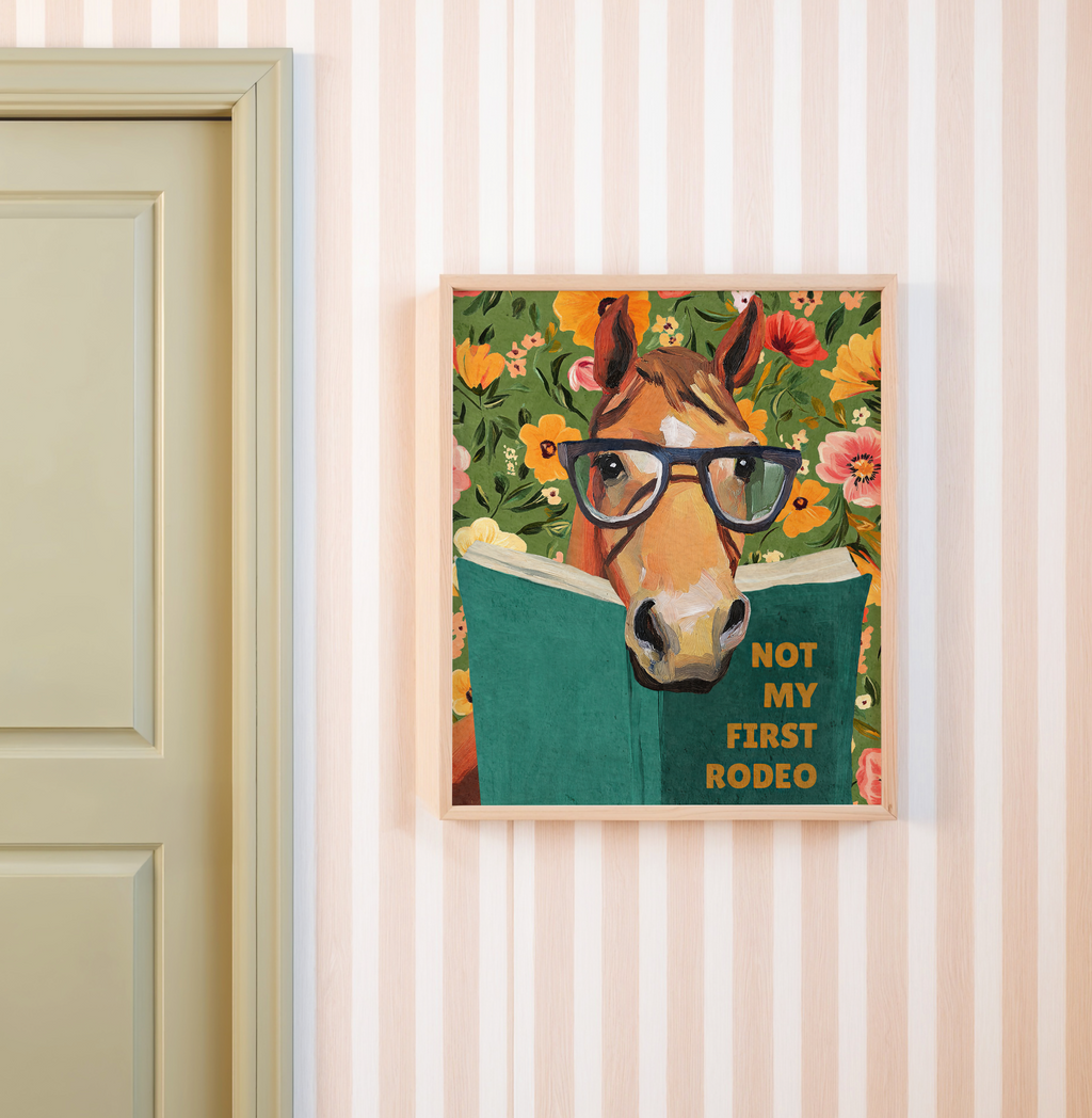 Horse Reading Book Art Print – “Not My First Rodeo” Funny Literary Decor for Horse Lovers