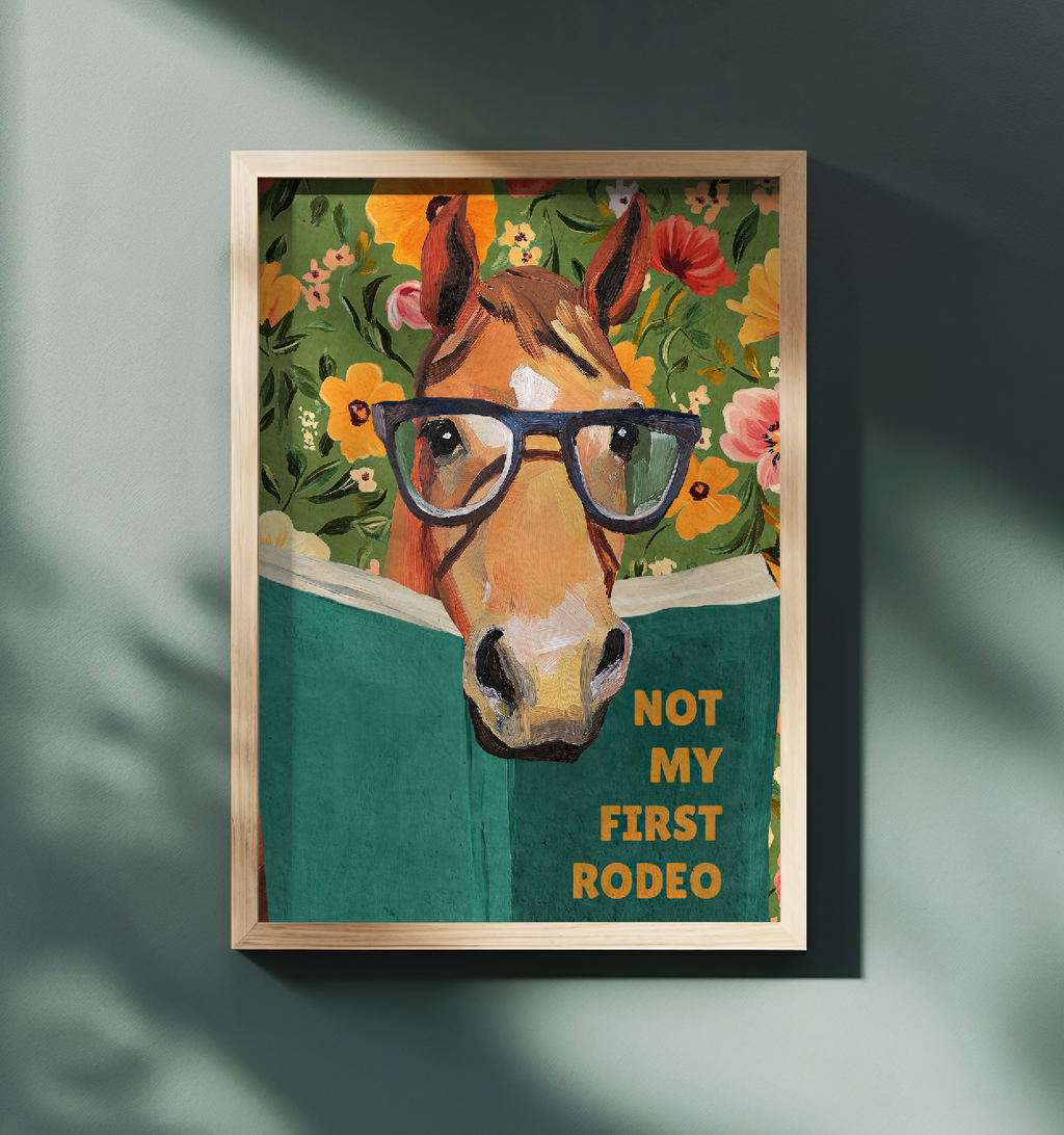 Horse Reading Book Art Print – “Not My First Rodeo” Funny Literary Decor for Horse Lovers