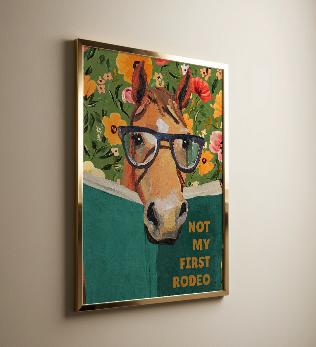 Horse Reading Book Art Print – “Not My First Rodeo” Funny Literary Decor for Horse Lovers