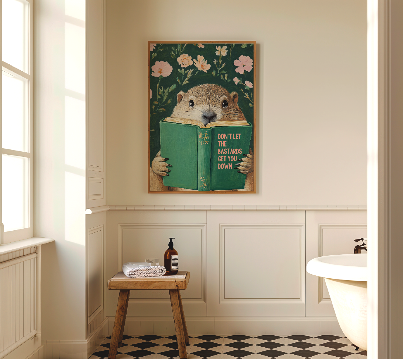 Don’t Let the Bastards Get You Down – Groundhog Reading Book Art Print, Funny Motivational Wall Decor
