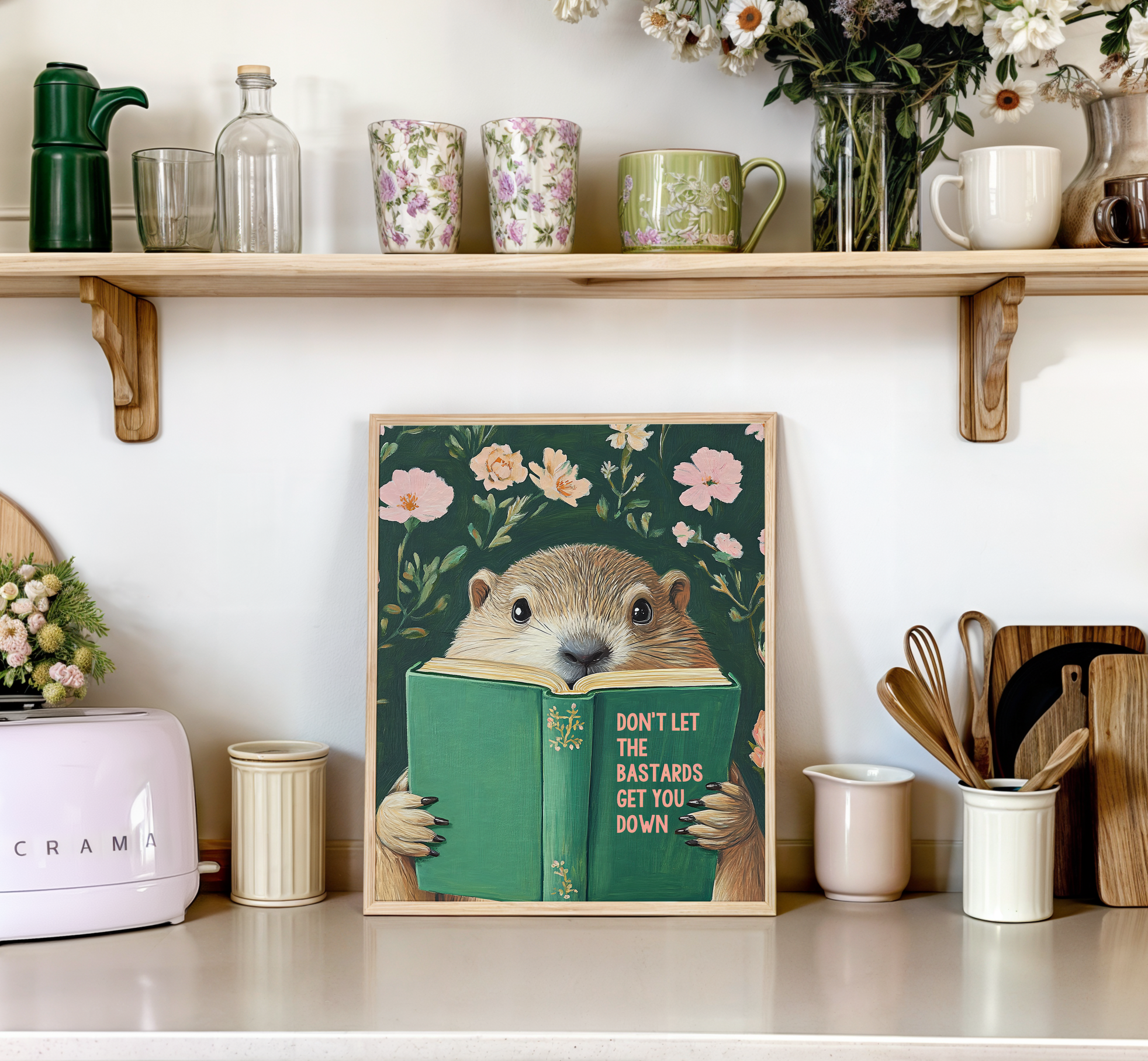 Don’t Let the Bastards Get You Down – Groundhog Reading Book Art Print, Funny Motivational Wall Decor