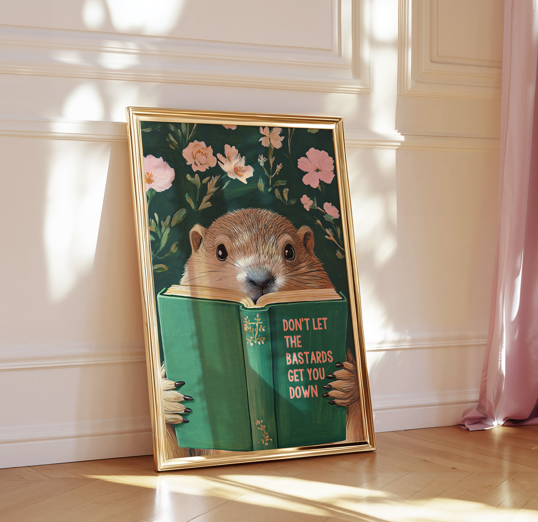 Don’t Let the Bastards Get You Down – Groundhog Reading Book Art Print, Funny Motivational Wall Decor