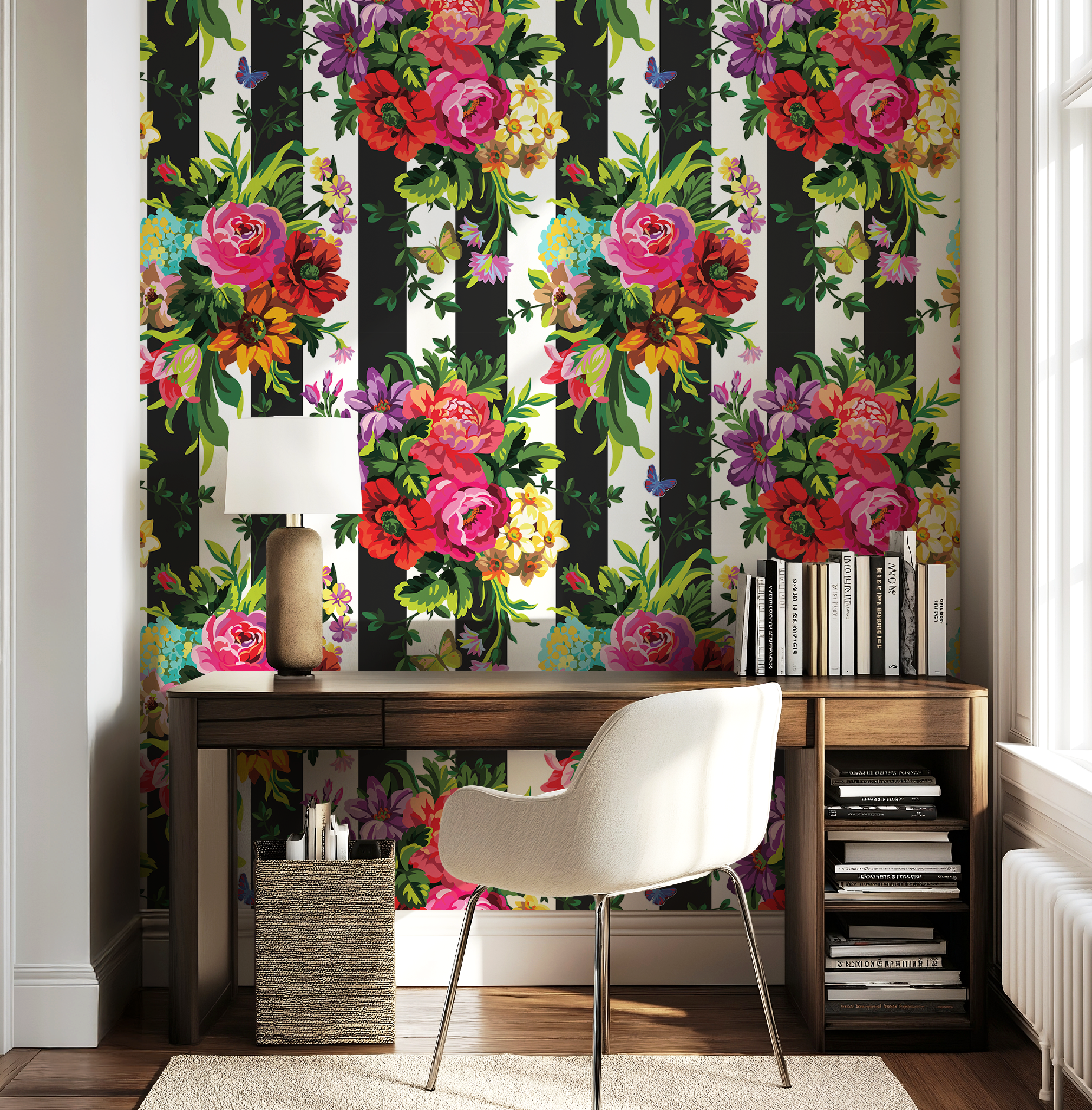 Vibrant Floral Pop Wallpaper - Black and White Stripes - Large