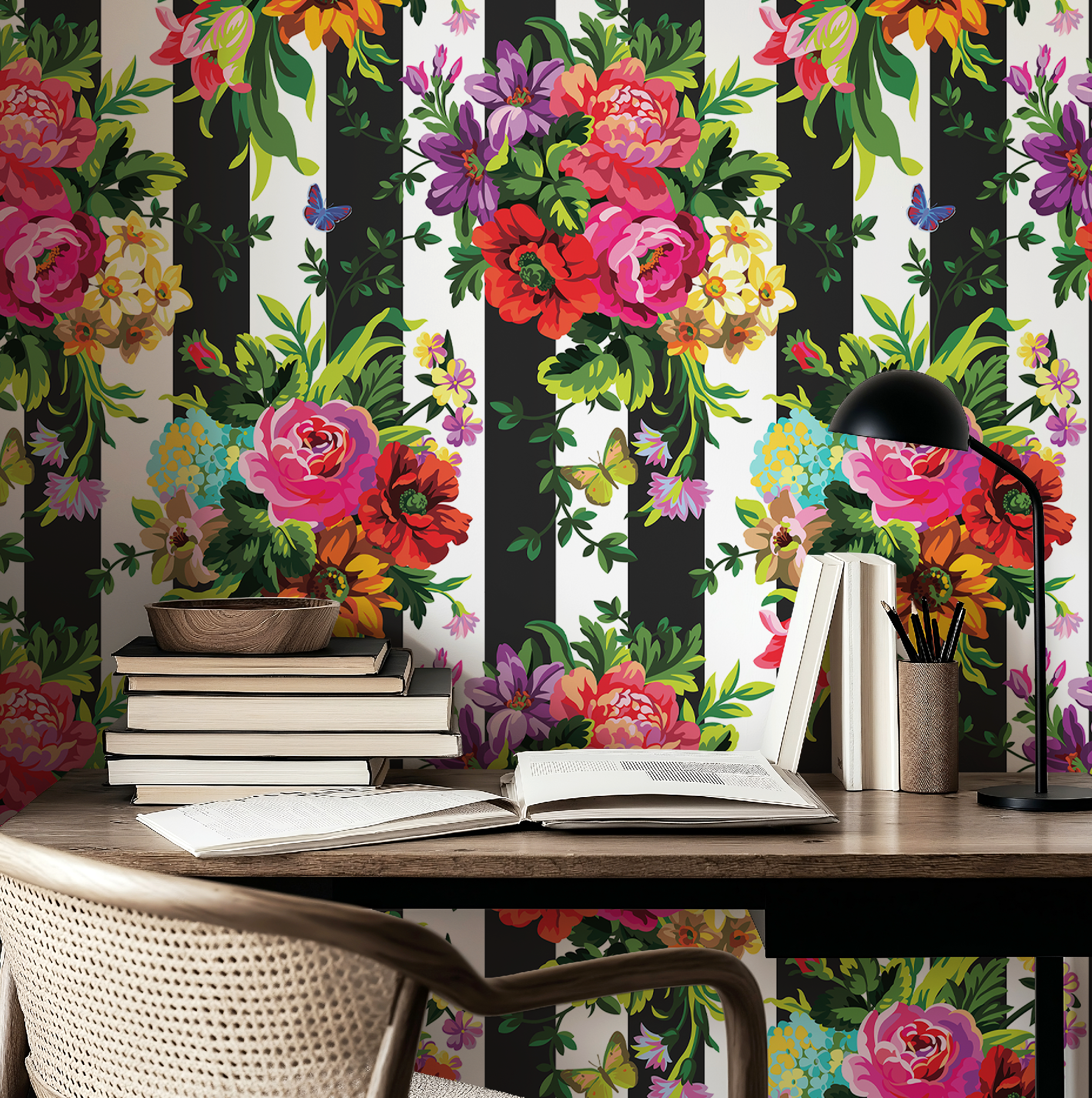 Vibrant Floral Pop Wallpaper - Black and White Stripes - Large