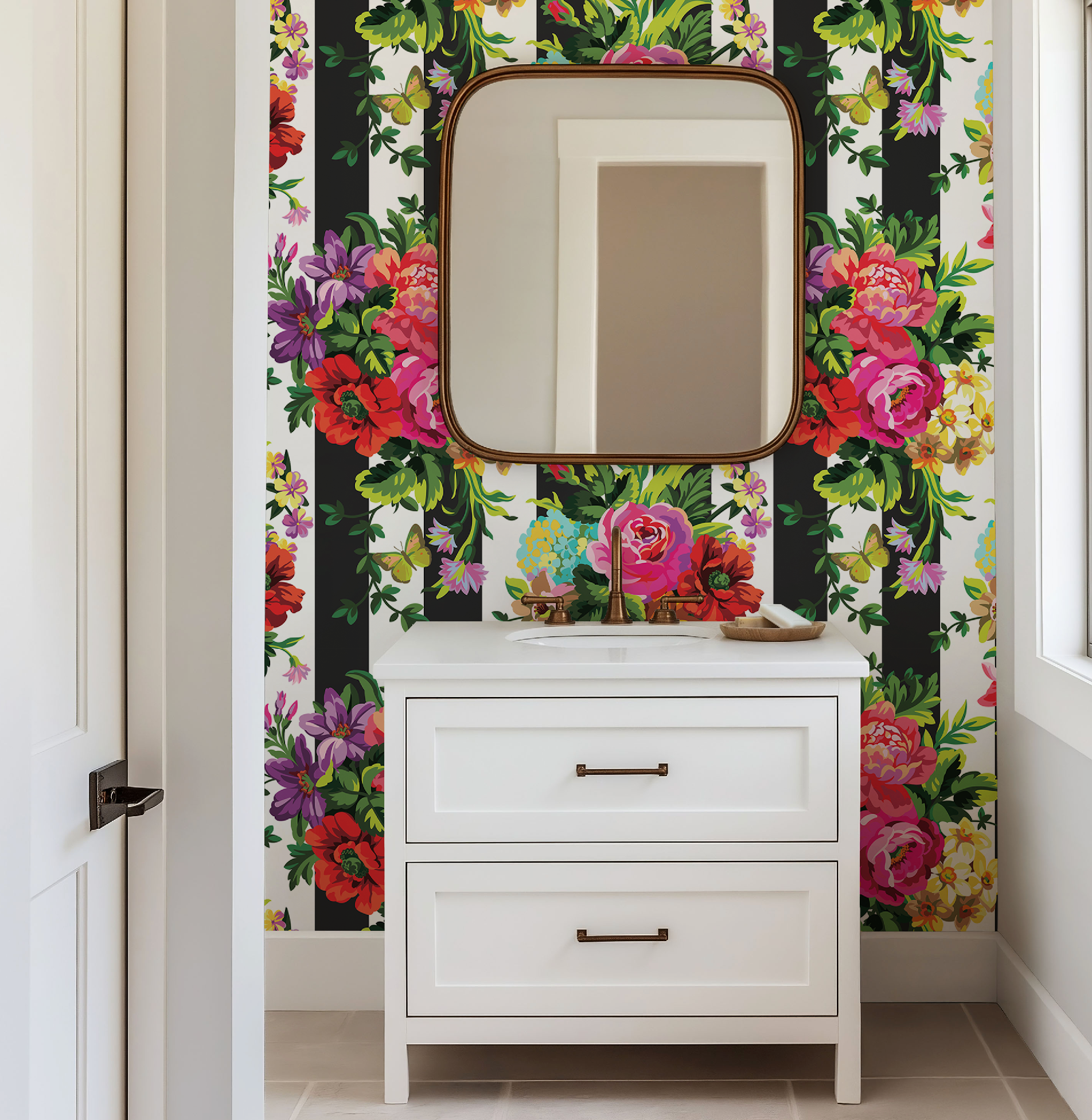 Vibrant Floral Pop Wallpaper - Black and White Stripes - Large