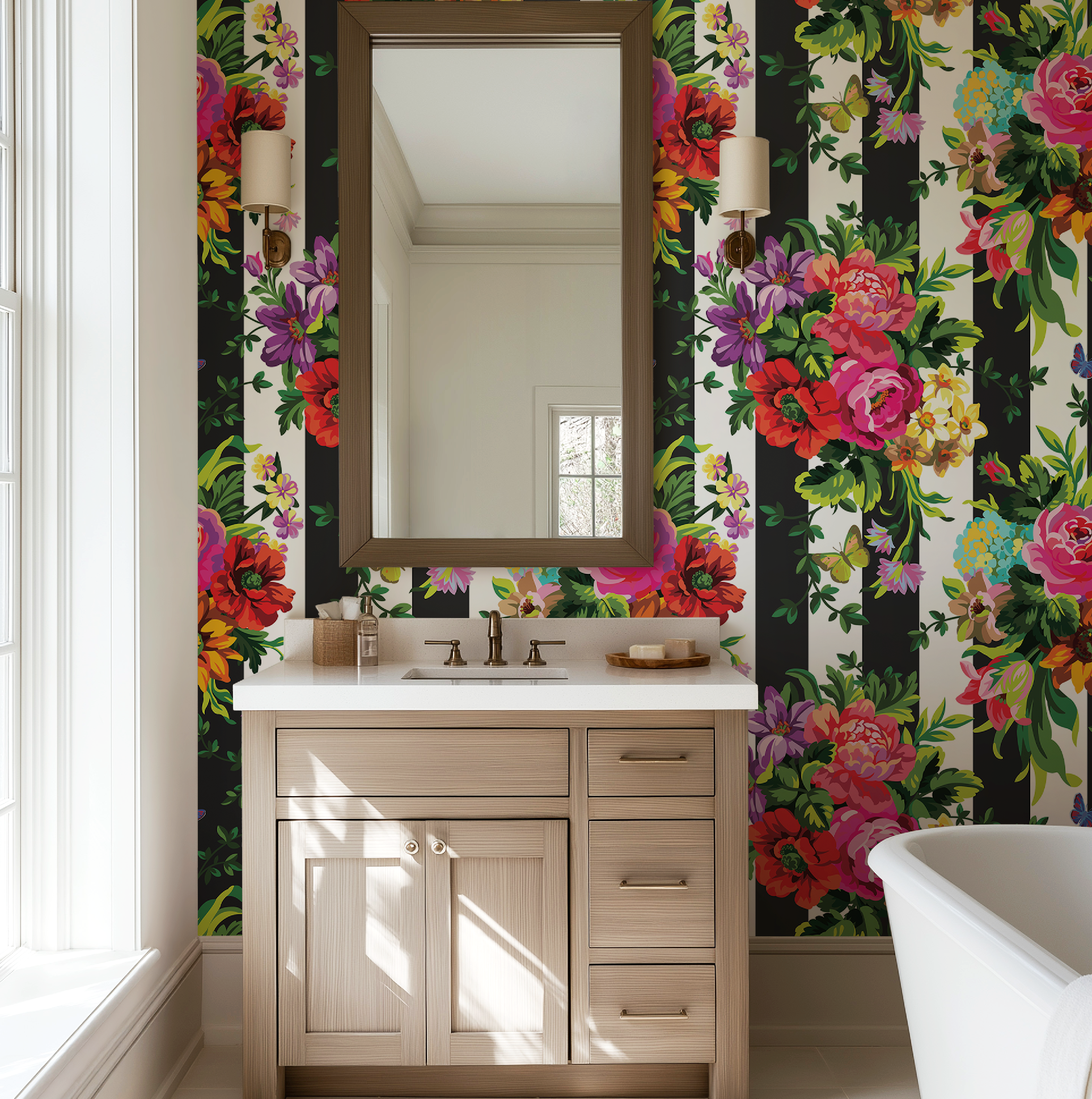Vibrant Floral Pop Wallpaper - Black and White Stripes - Large