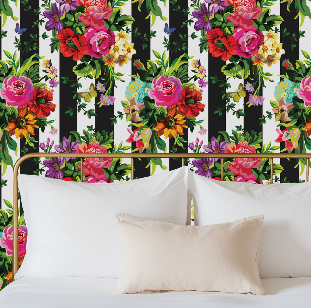 Vibrant Floral Pop Wallpaper - Black and White Stripes - Large