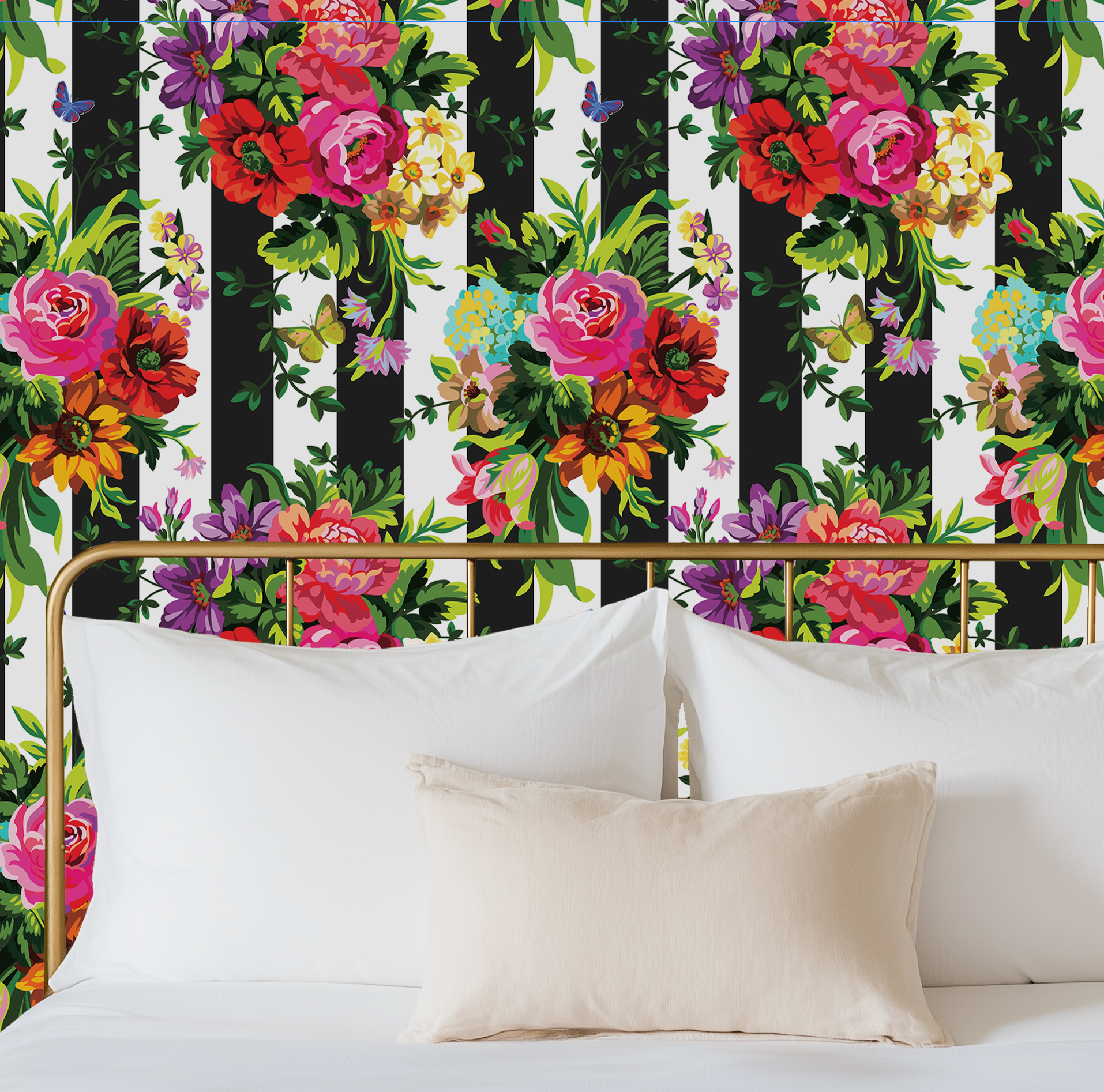 Vibrant Floral Pop Wallpaper - Black and White Stripes - Large