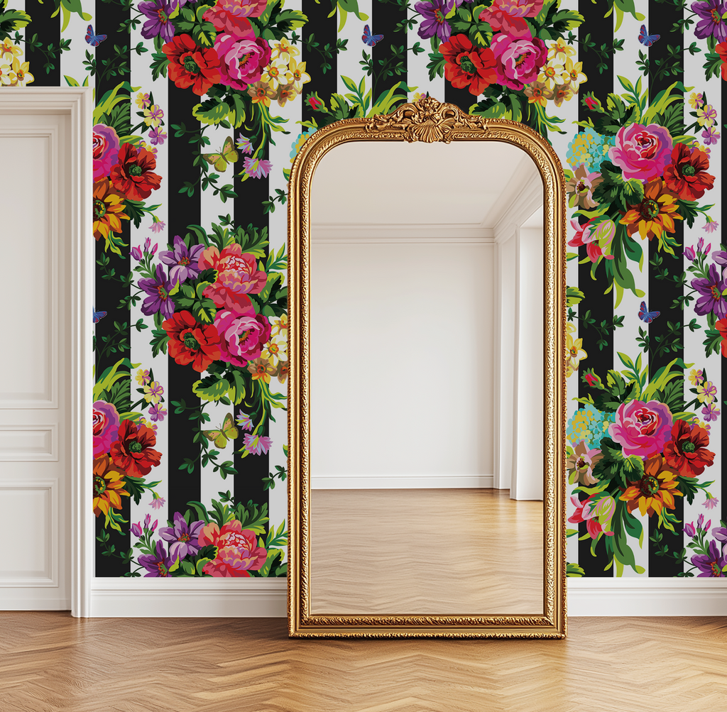 Vibrant Floral Pop Wallpaper - Black and White Stripes - Large