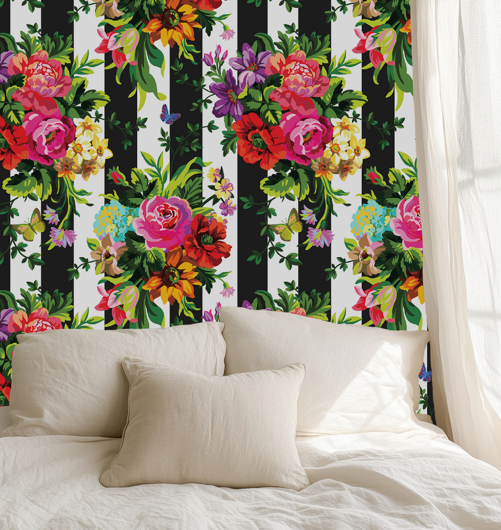 Vibrant Floral Pop Wallpaper - Black and White Stripes - Large