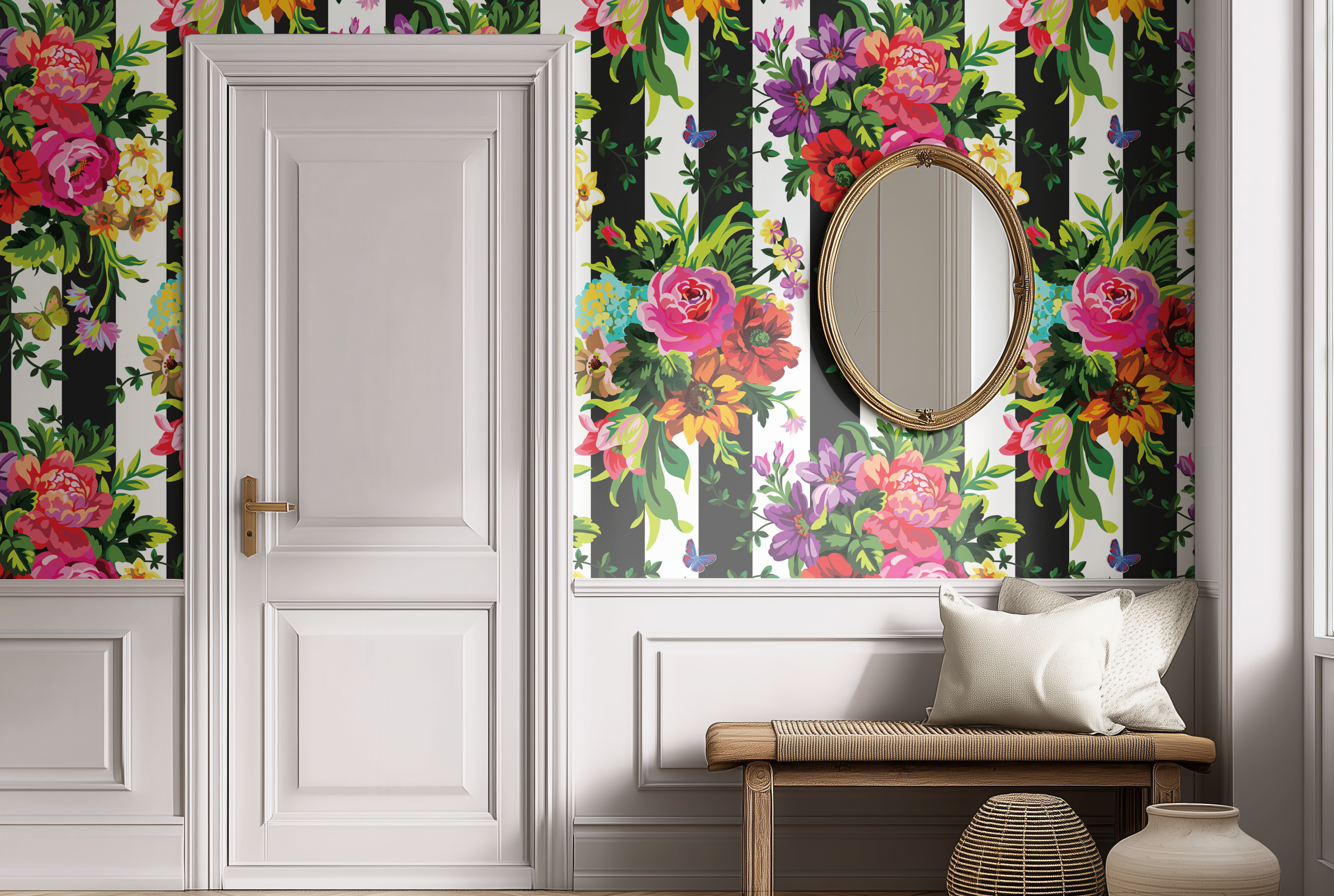 Vibrant Floral Pop Wallpaper - Black and White Stripes - Large