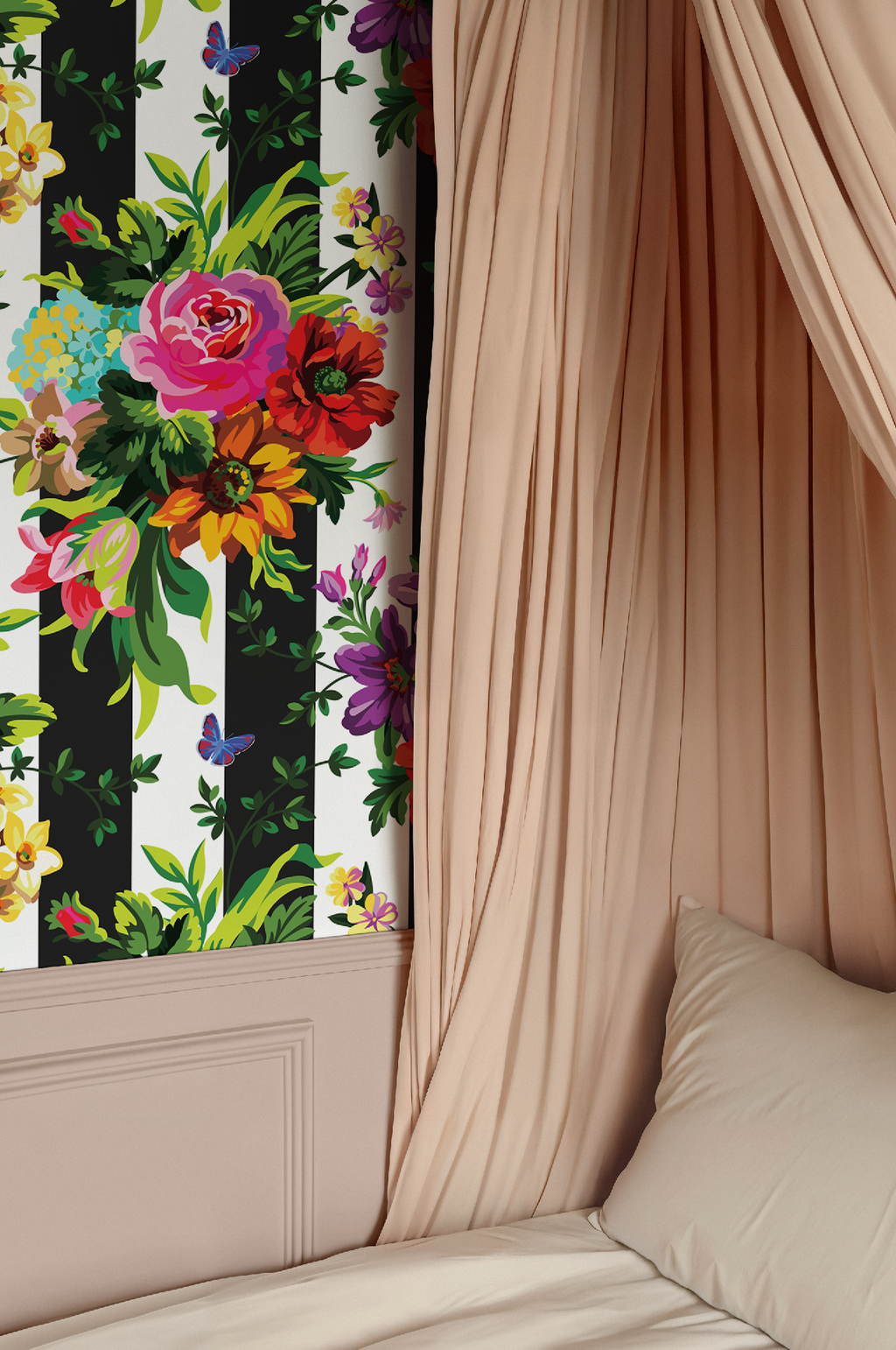 Vibrant Floral Pop Wallpaper - Black and White Stripes - Large