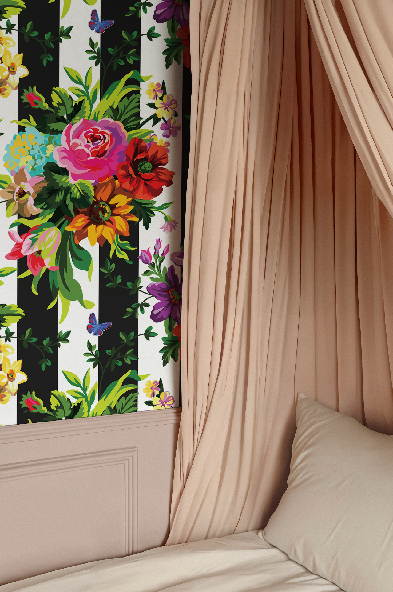 Vibrant Floral Pop Wallpaper - Black and White Stripes - Large