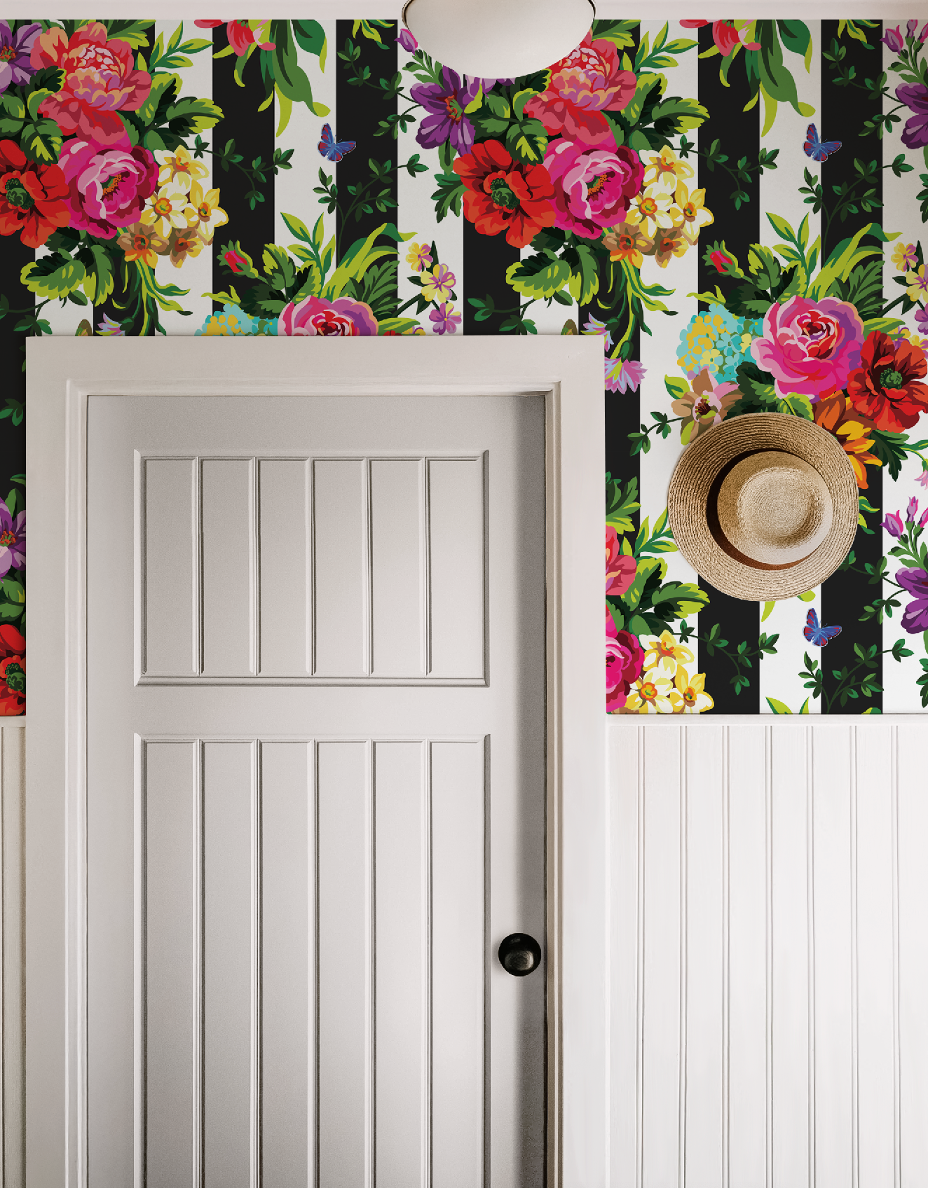 Vibrant Floral Pop Wallpaper - Black and White Stripes - Large