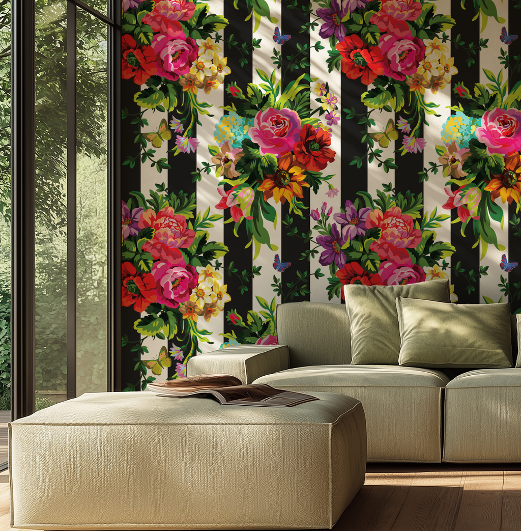 Vibrant Floral Pop Wallpaper - Black and White Stripes - Large