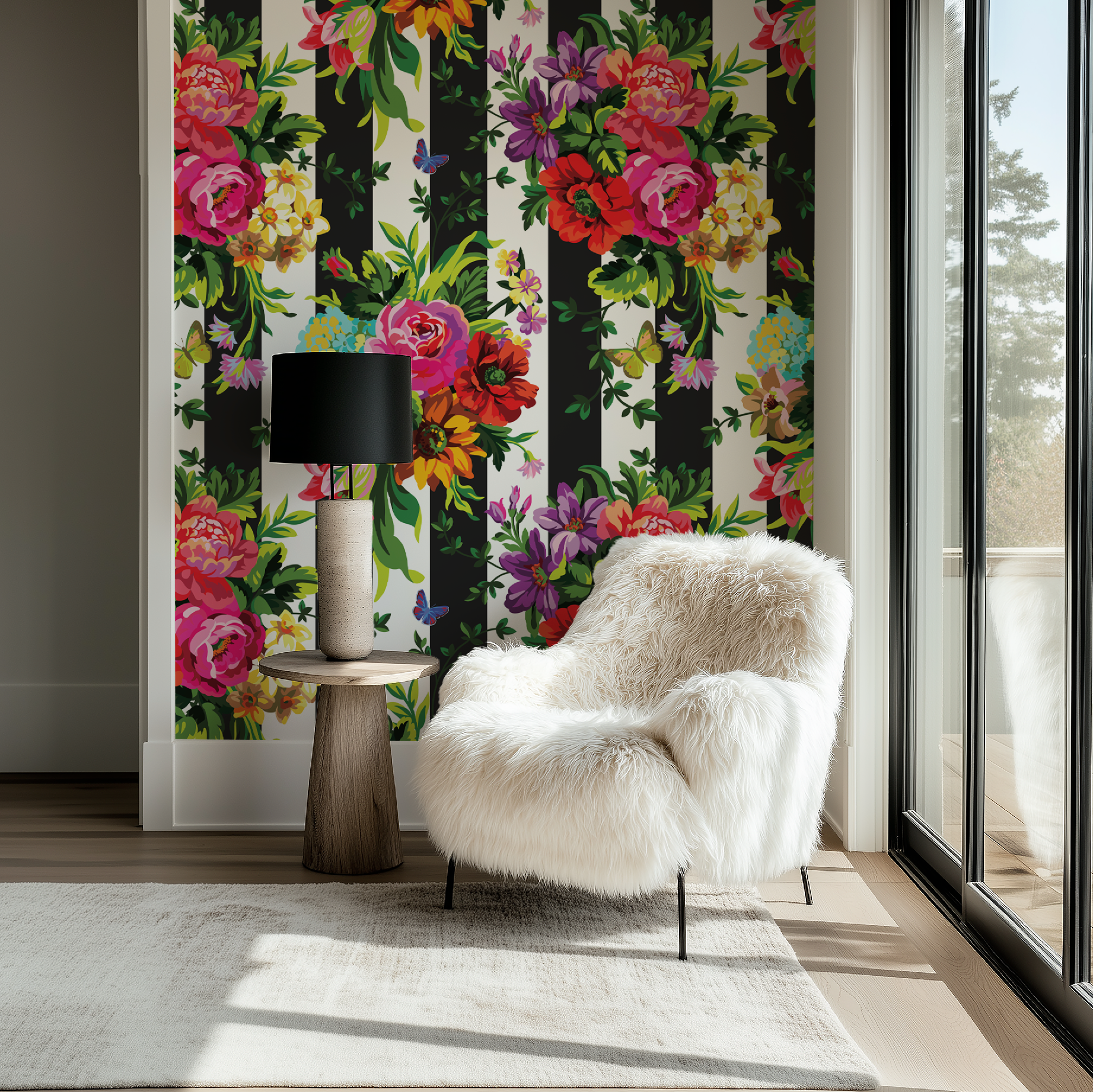 Vibrant Floral Pop Wallpaper - Black and White Stripes - Large