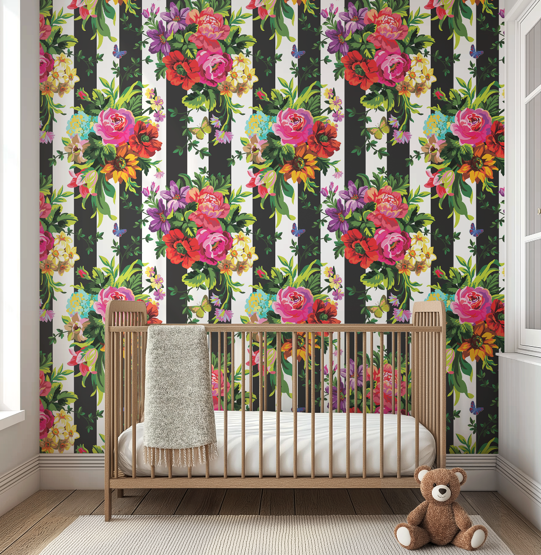 Vibrant Floral Pop Wallpaper - Black and White Stripes - Large