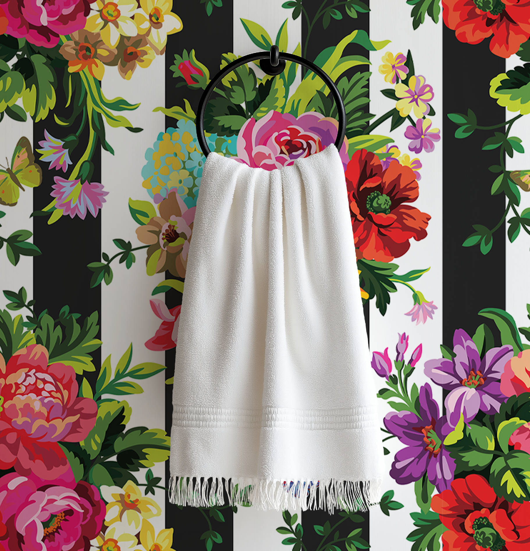Vibrant Floral Pop Wallpaper - Black and White Stripes - Large