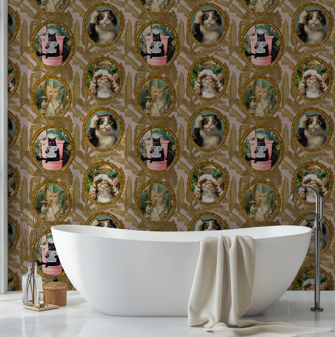 Whimsical Tropical Cat Bathroom Wallpaper - Mauve Background
