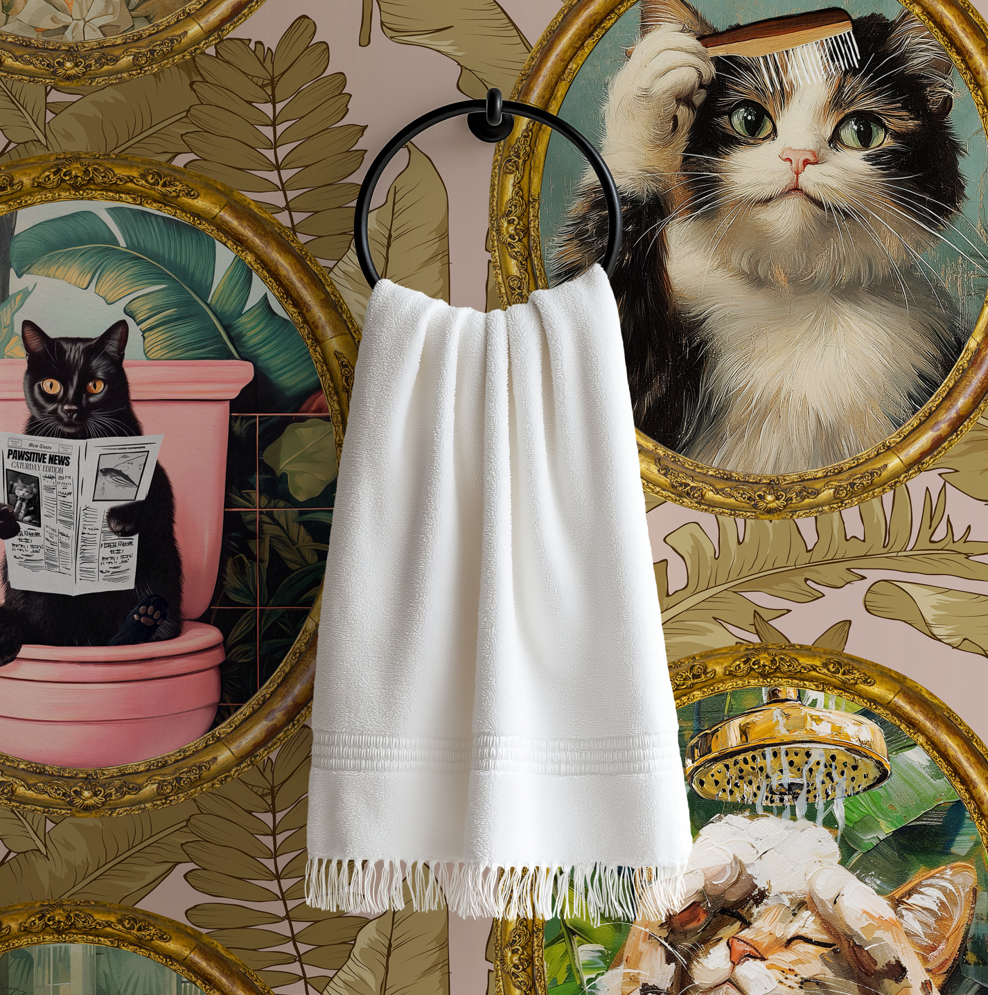 Whimsical Tropical Cat Bathroom Wallpaper - Mauve Background