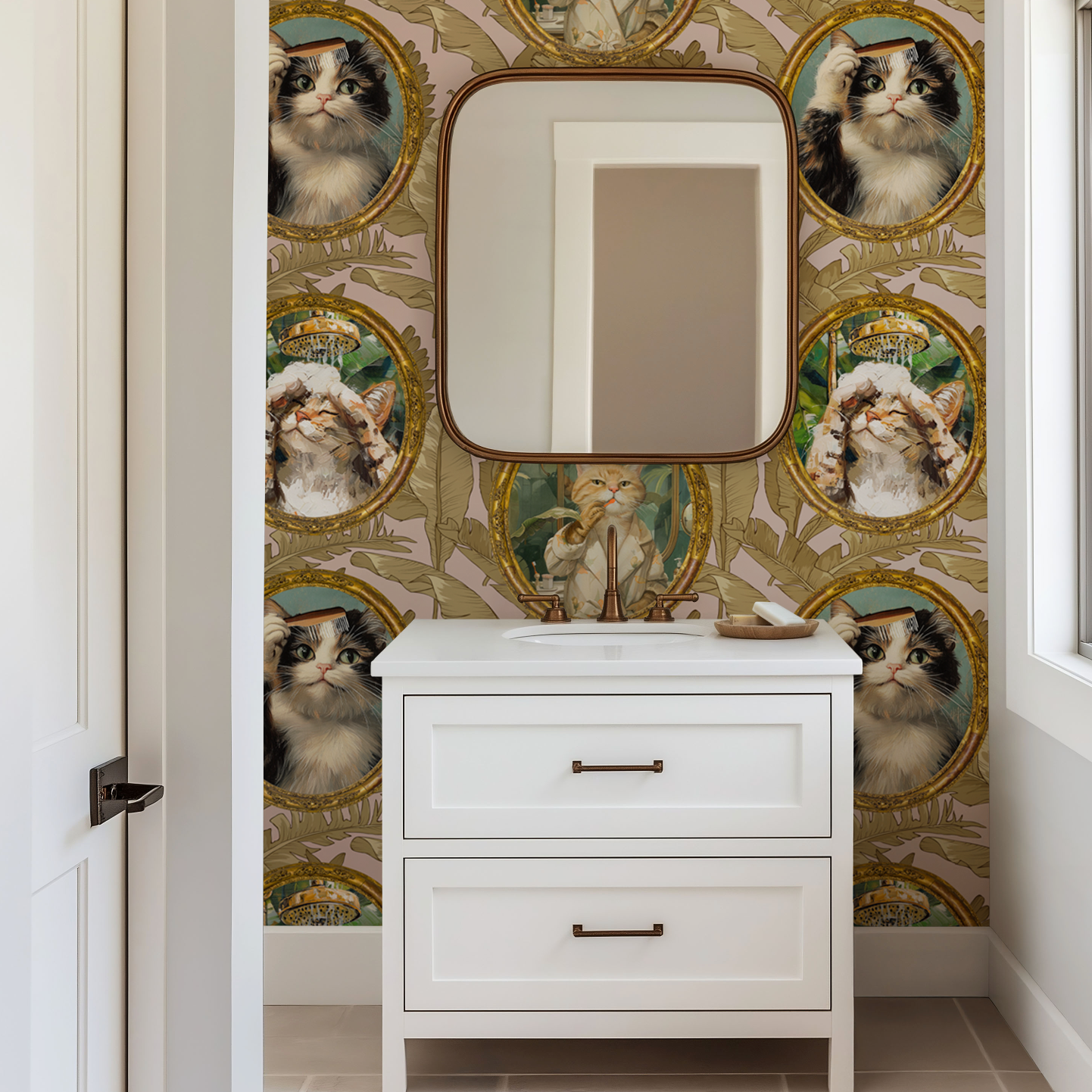 Whimsical Tropical Cat Bathroom Wallpaper - Mauve Background