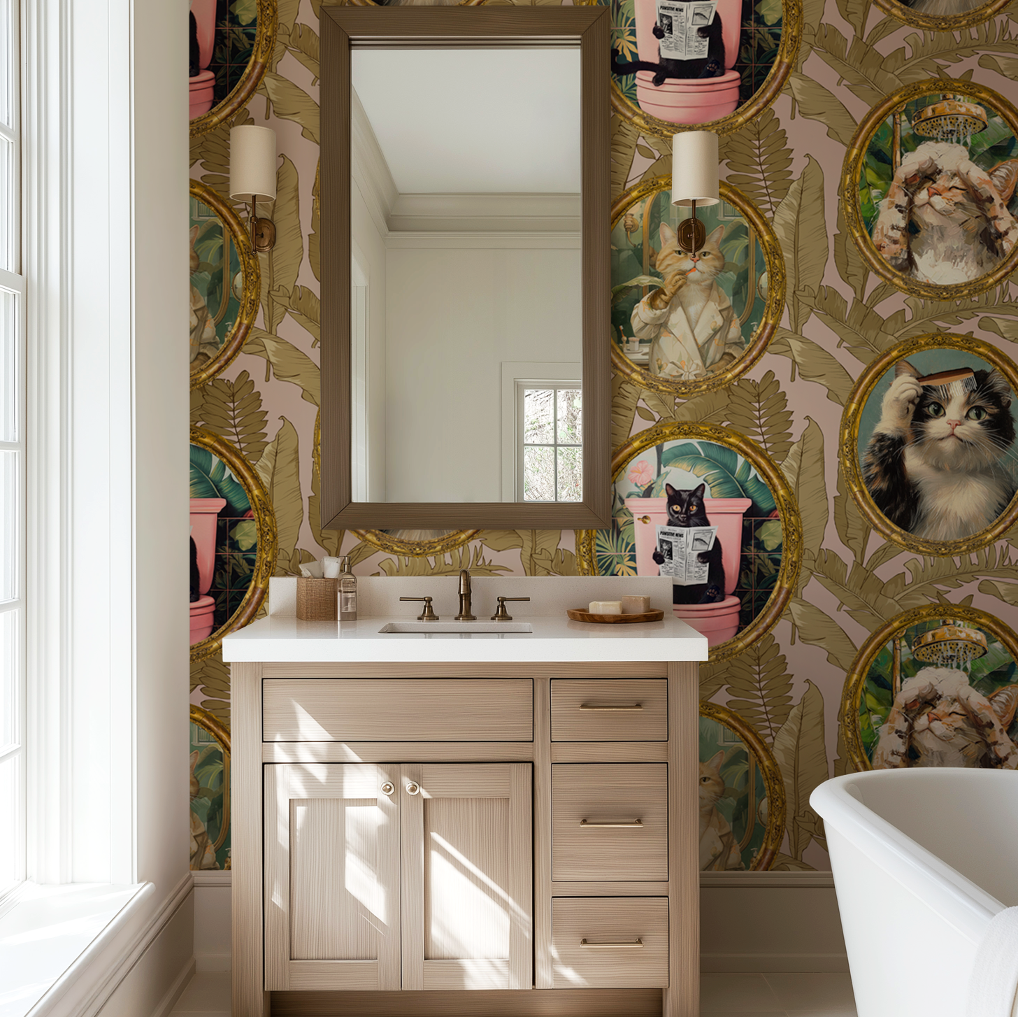 Whimsical Tropical Cat Bathroom Wallpaper - Mauve Background