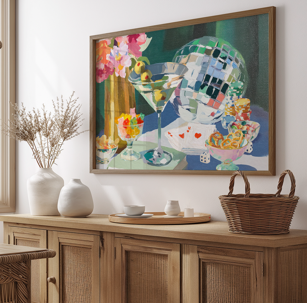 Fun Times Martini Disco Ball Playing Cards Snacks Landscape Print
