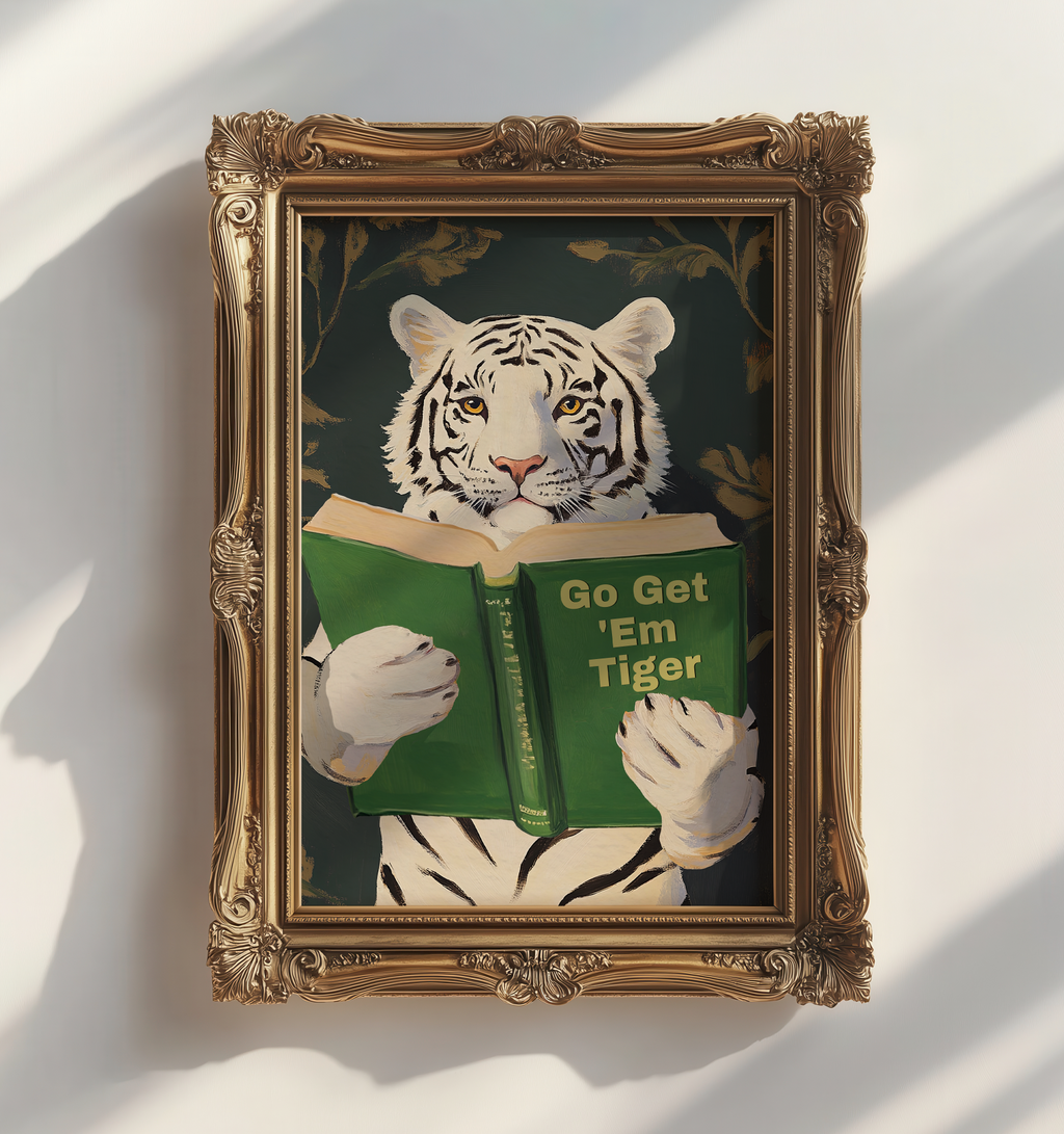 Motivational Bengal Tiger Reading Print: Humorous Bookworm Wall Art for Library, Office, or Study Decor