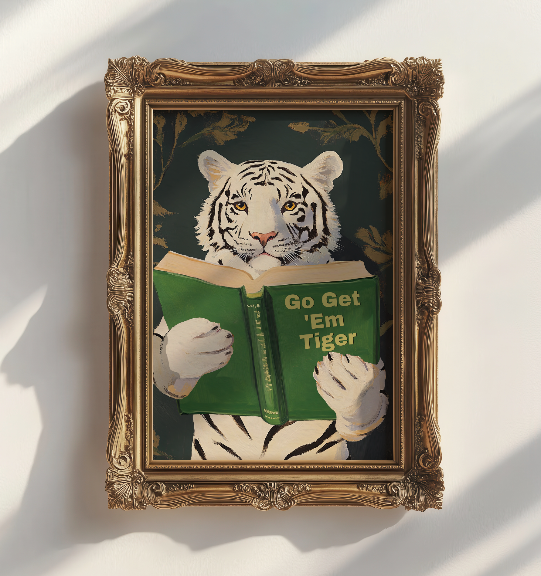Motivational Bengal Tiger Reading Print: Humorous Bookworm Wall Art for Library, Office, or Study Decor