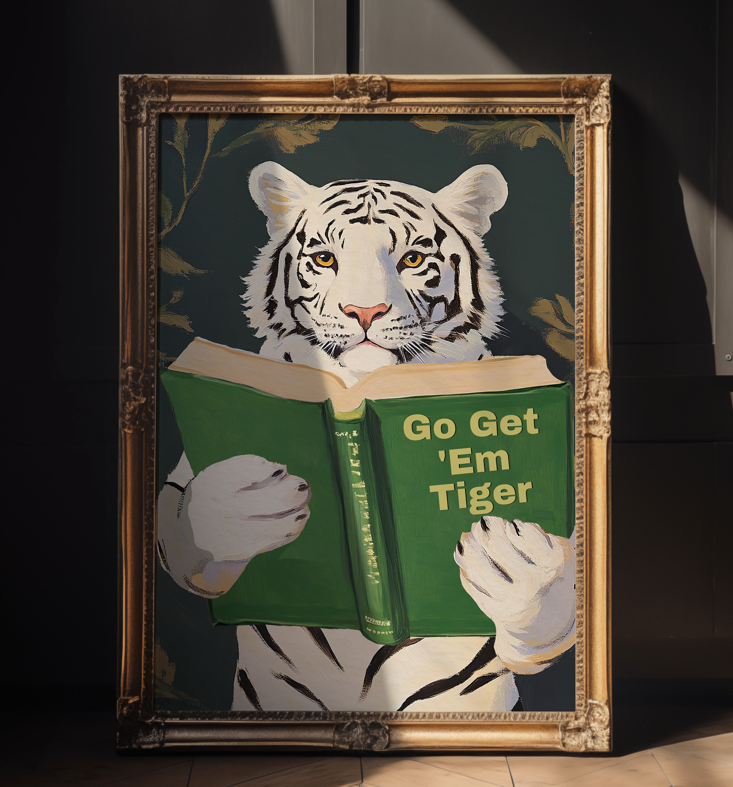Motivational Bengal Tiger Reading Print: Humorous Bookworm Wall Art for Library, Office, or Study Decor