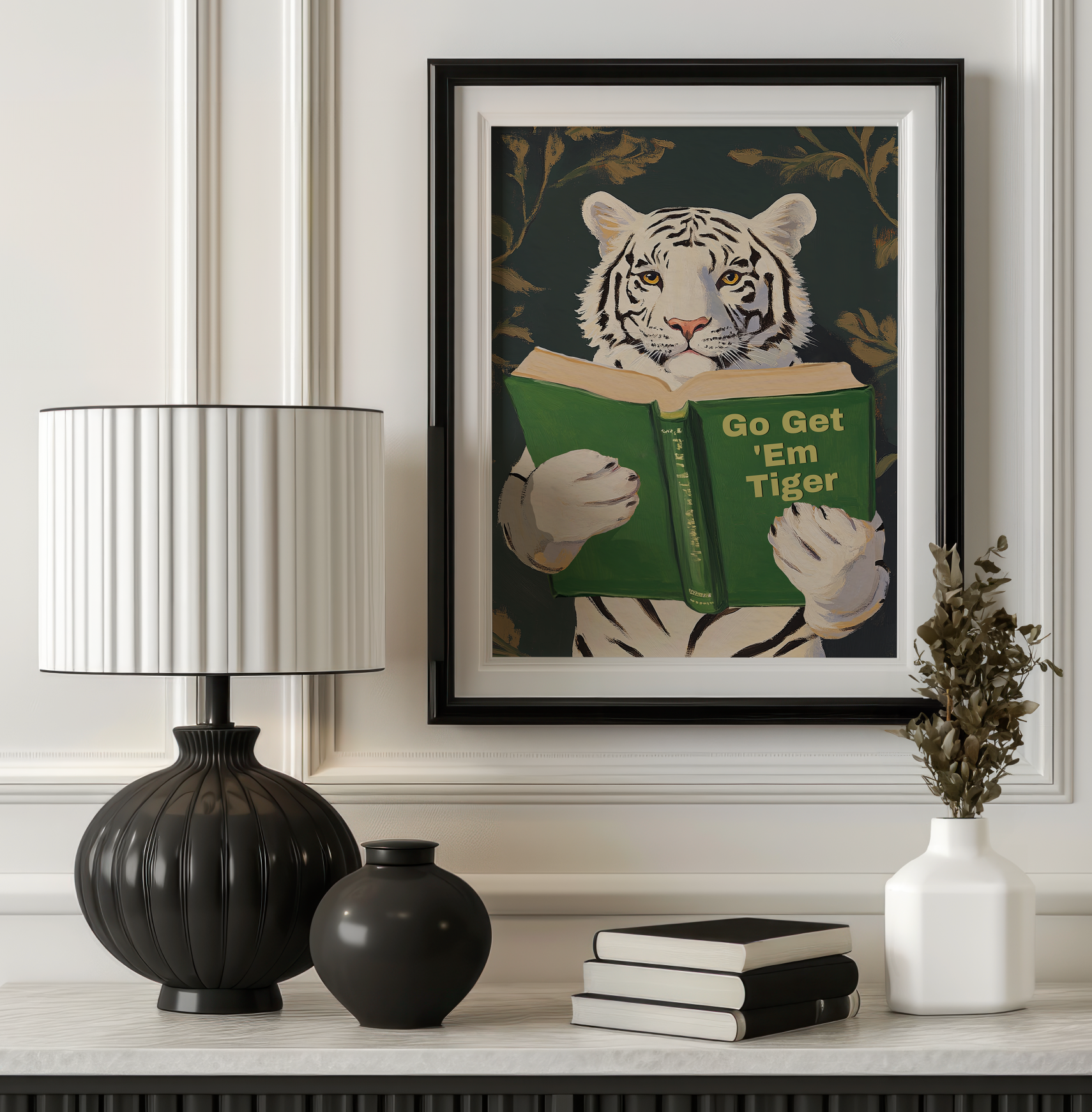 Motivational Bengal Tiger Reading Print: Humorous Bookworm Wall Art for Library, Office, or Study Decor