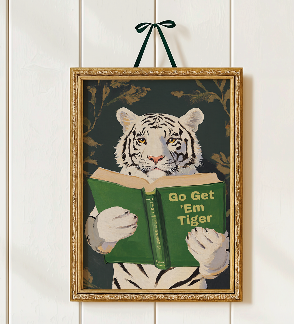 Motivational Bengal Tiger Reading Print: Humorous Bookworm Wall Art for Library, Office, or Study Decor
