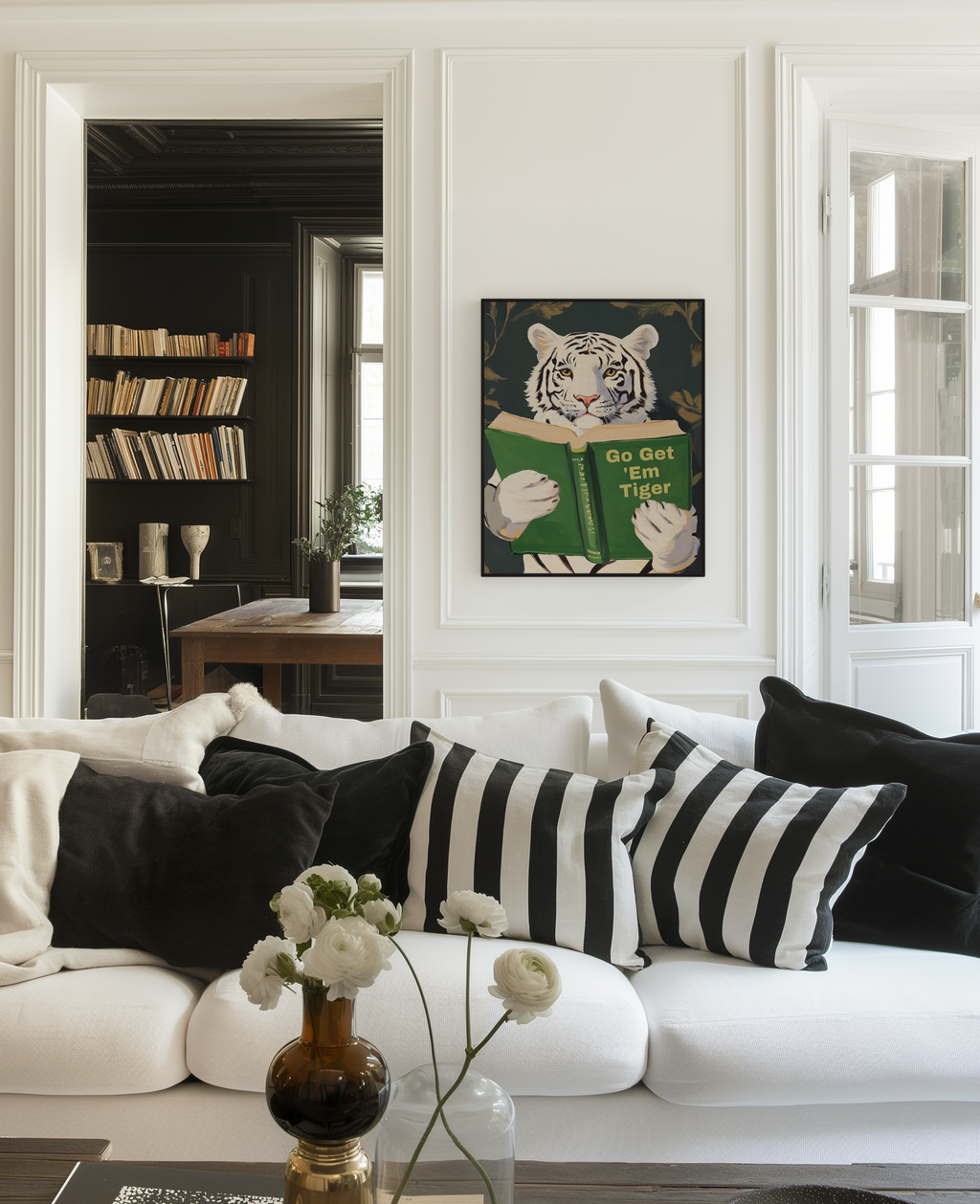 Motivational Bengal Tiger Reading Print: Humorous Bookworm Wall Art for Library, Office, or Study Decor