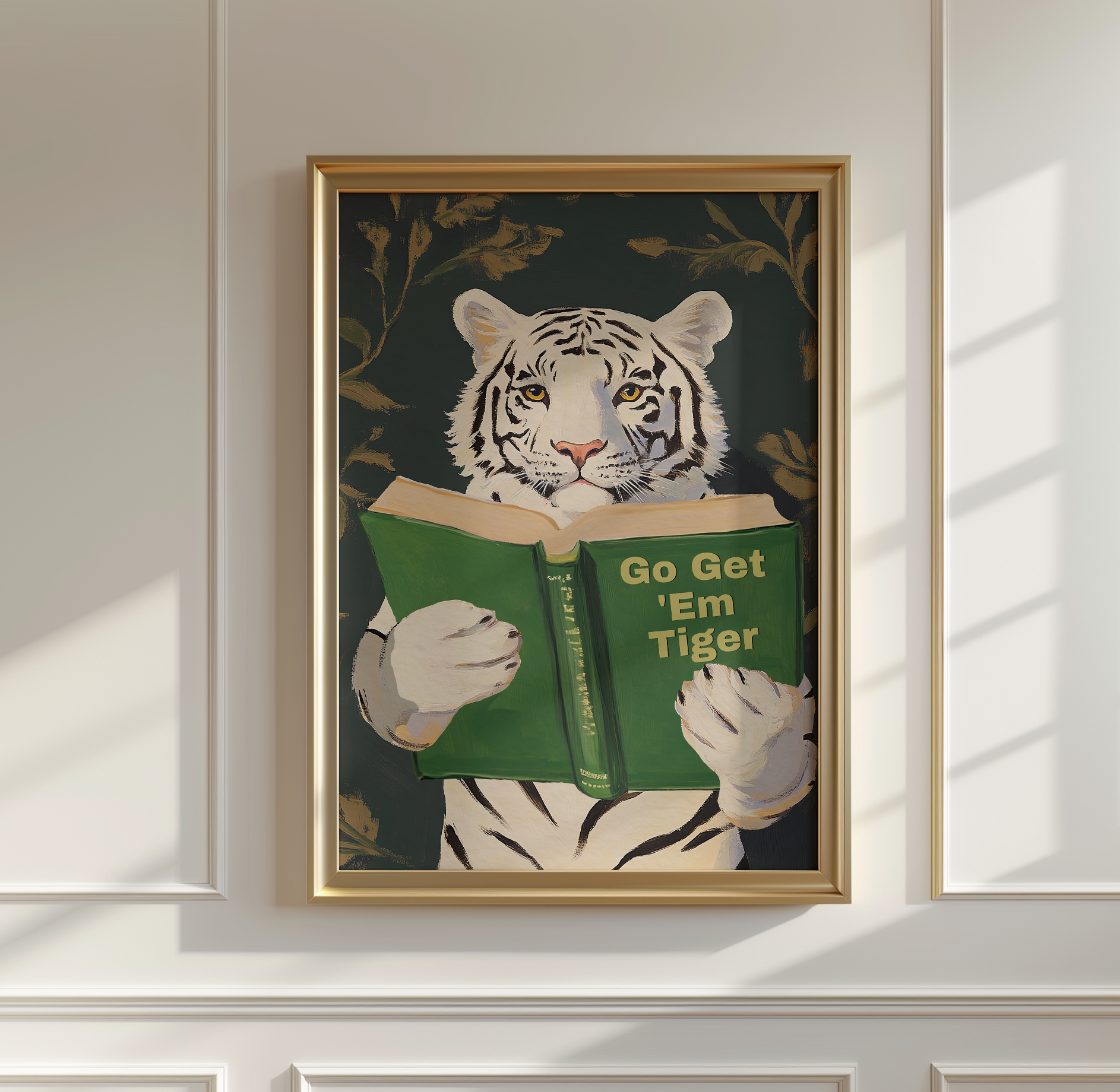 Motivational Bengal Tiger Reading Print: Humorous Bookworm Wall Art for Library, Office, or Study Decor