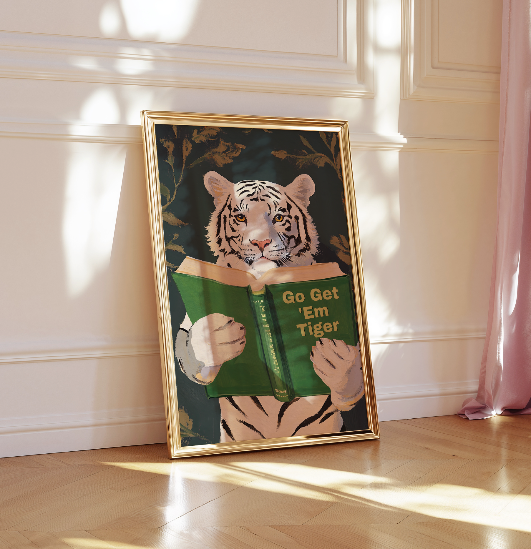 Motivational Bengal Tiger Reading Print: Humorous Bookworm Wall Art for Library, Office, or Study Decor