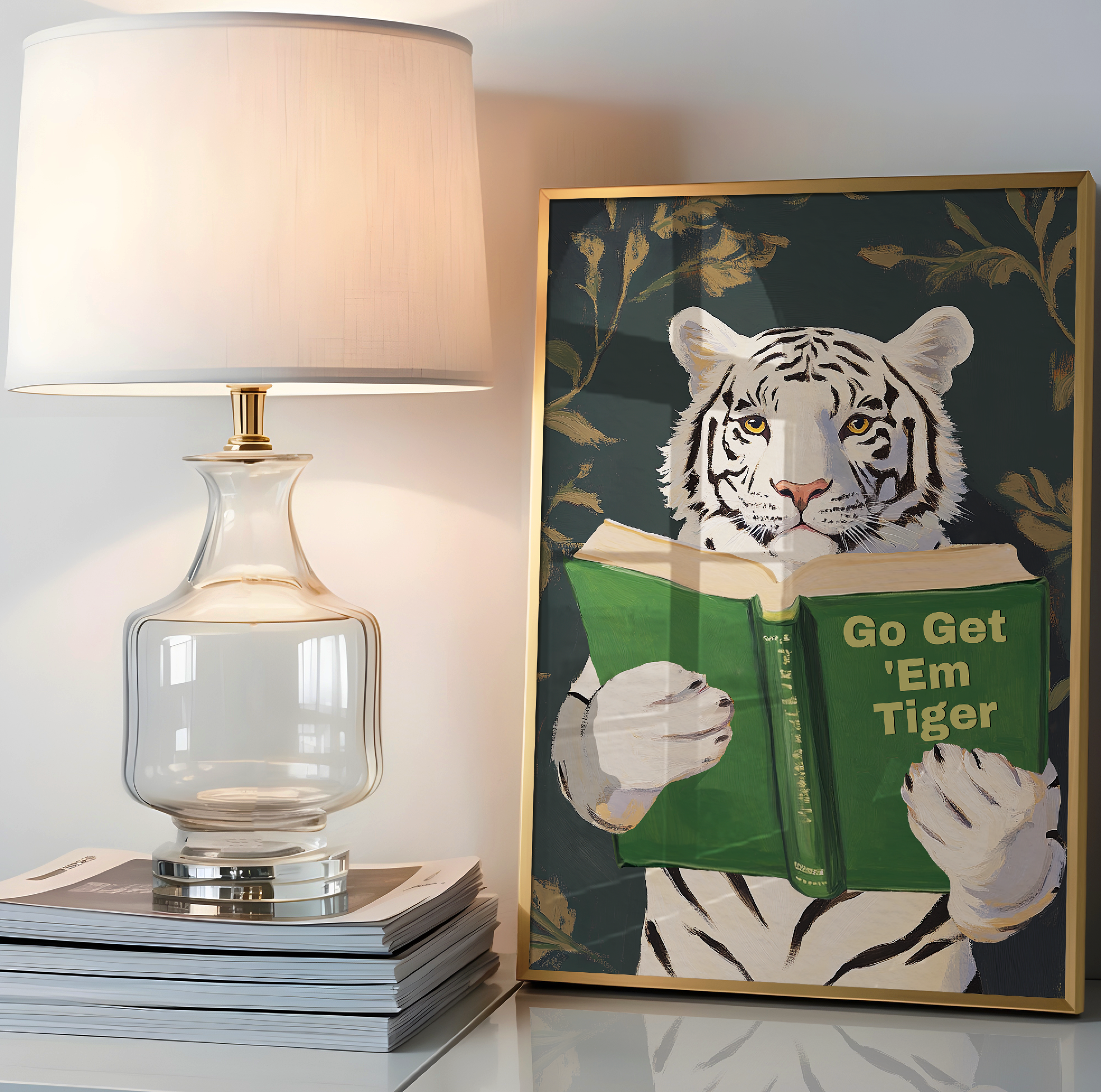 Motivational Bengal Tiger Reading Print: Humorous Bookworm Wall Art for Library, Office, or Study Decor