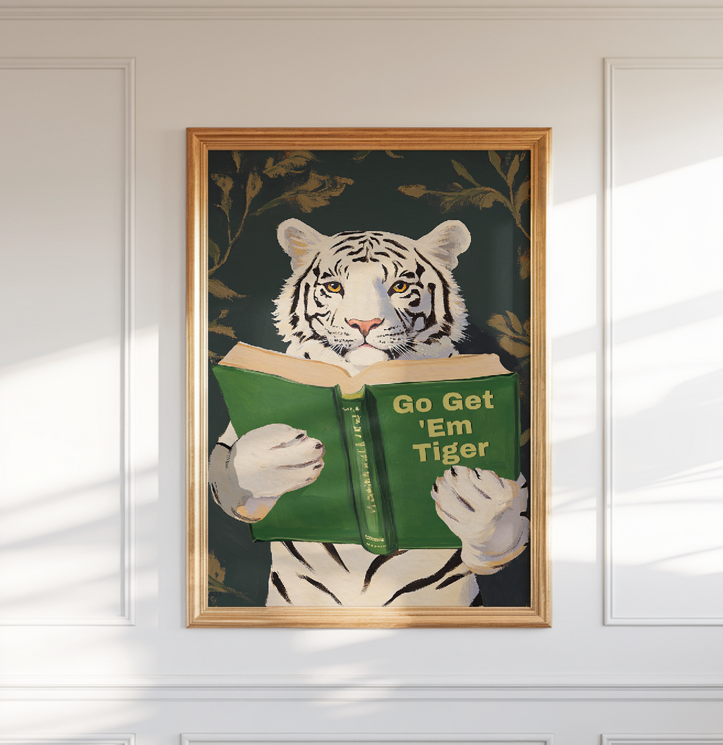 Motivational Bengal Tiger Reading Print: Humorous Bookworm Wall Art for Library, Office, or Study Decor