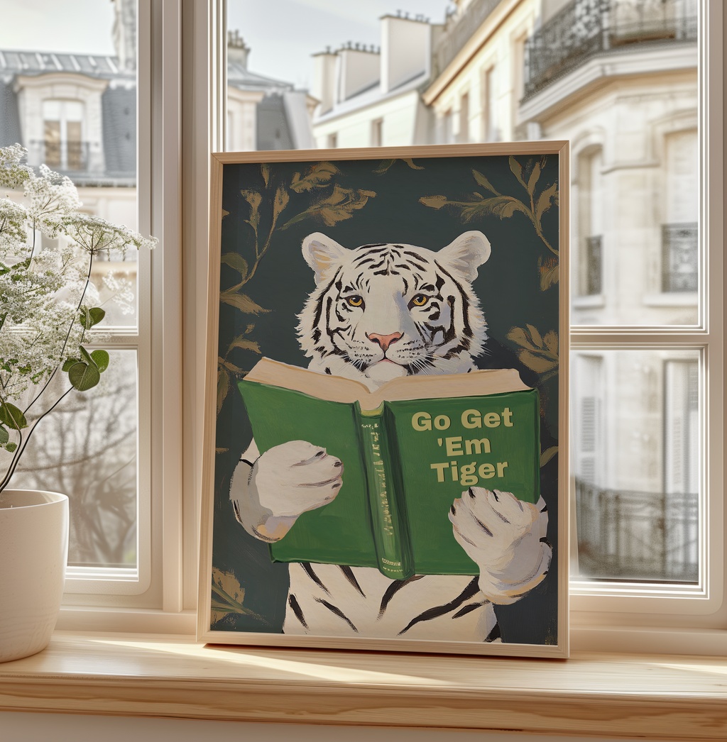 Motivational Bengal Tiger Reading Print: Humorous Bookworm Wall Art for Library, Office, or Study Decor
