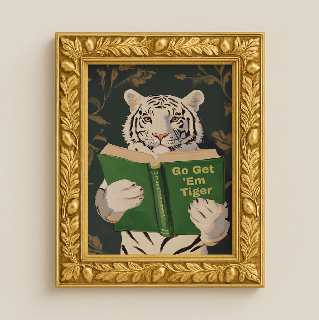 Motivational Bengal Tiger Reading Print: Humorous Bookworm Wall Art for Library, Office, or Study Decor
