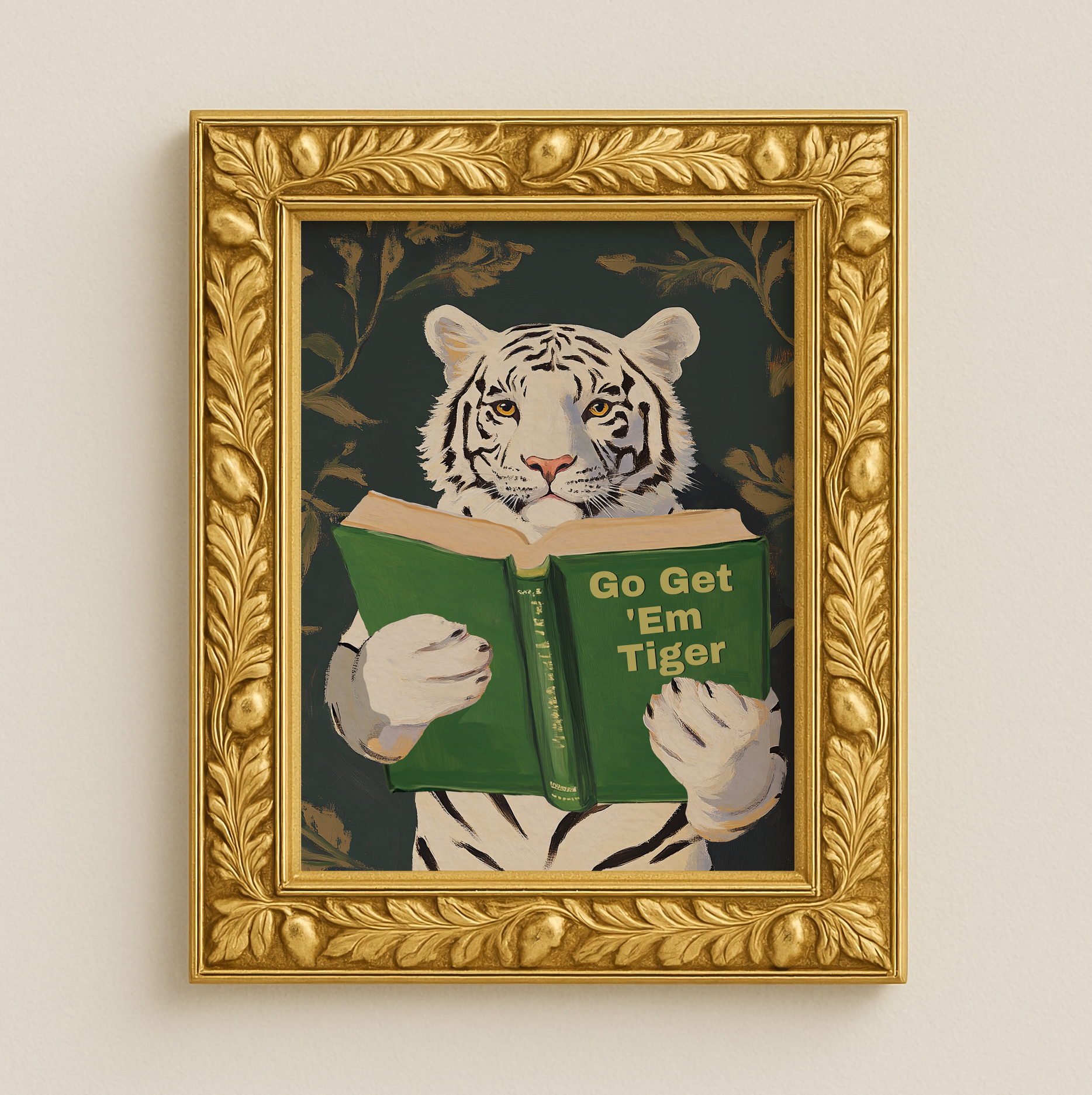 Motivational Bengal Tiger Reading Print: Humorous Bookworm Wall Art for Library, Office, or Study Decor