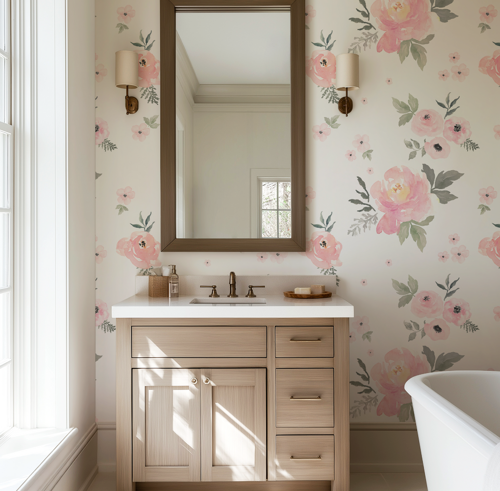 Sweet Blush Roses Watercolor Floral Wallpaper