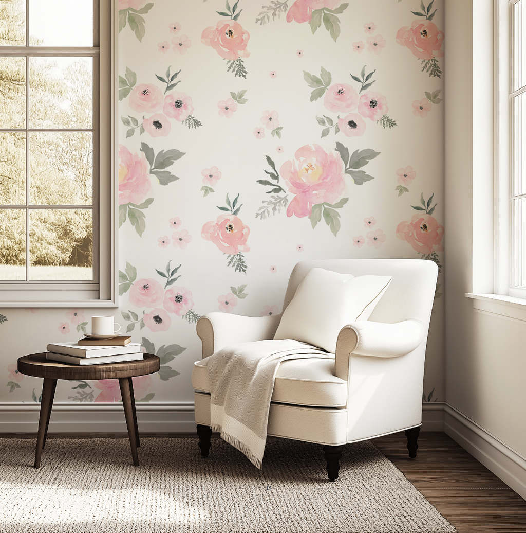 Sweet Blush Roses Watercolor Floral Wallpaper