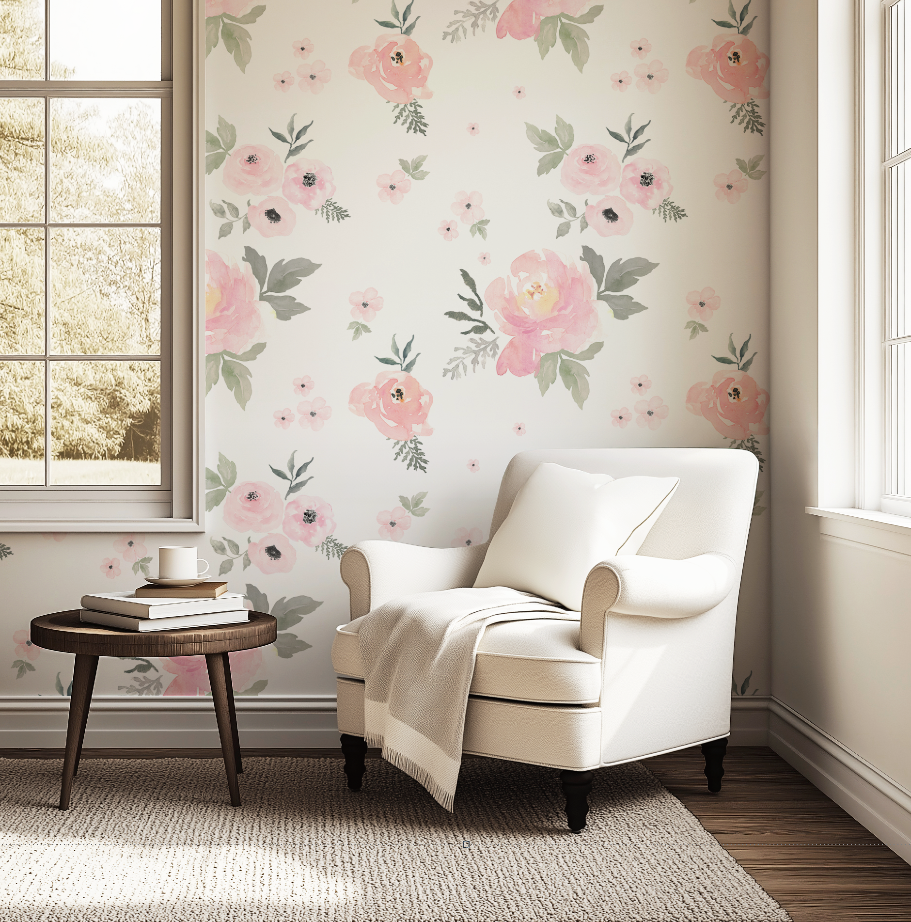 Sweet Blush Roses Watercolor Floral Wallpaper