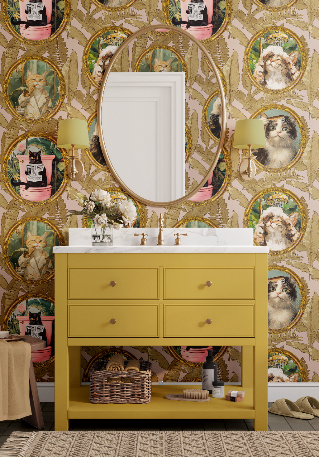 Whimsical Tropical Cat Bathroom Wallpaper - Mauve Background