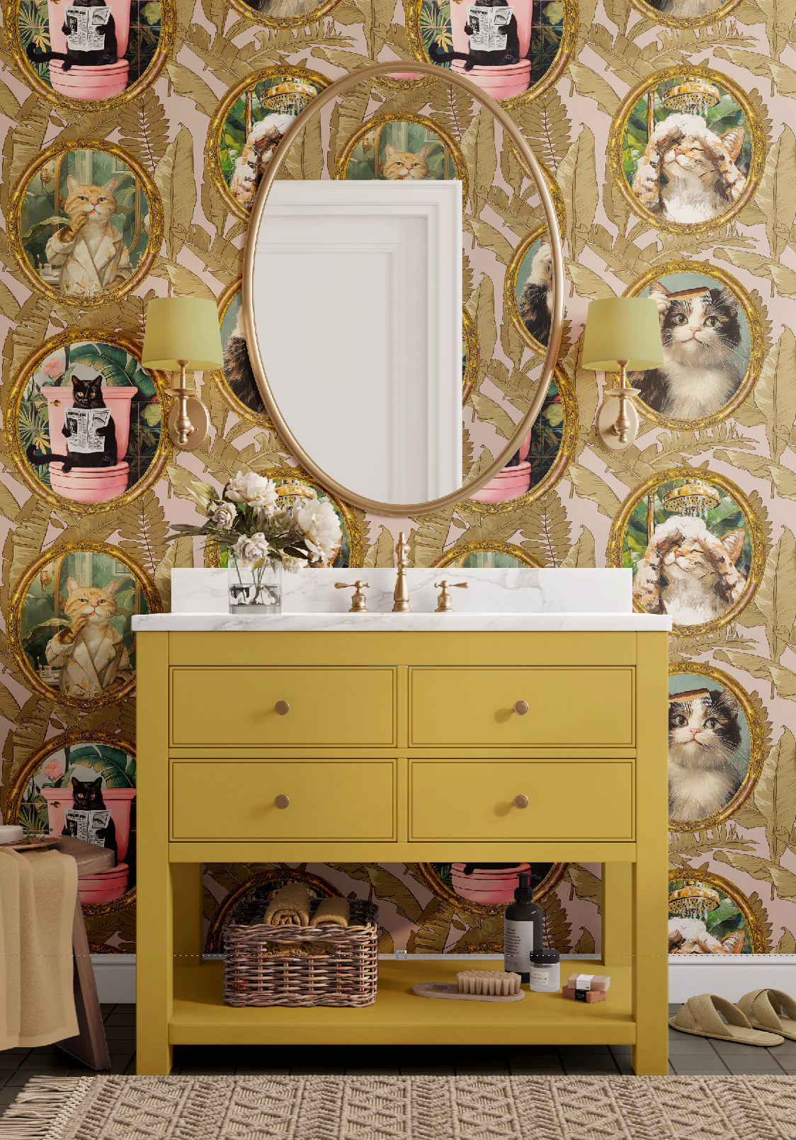 Whimsical Tropical Cat Bathroom Wallpaper - Mauve Background
