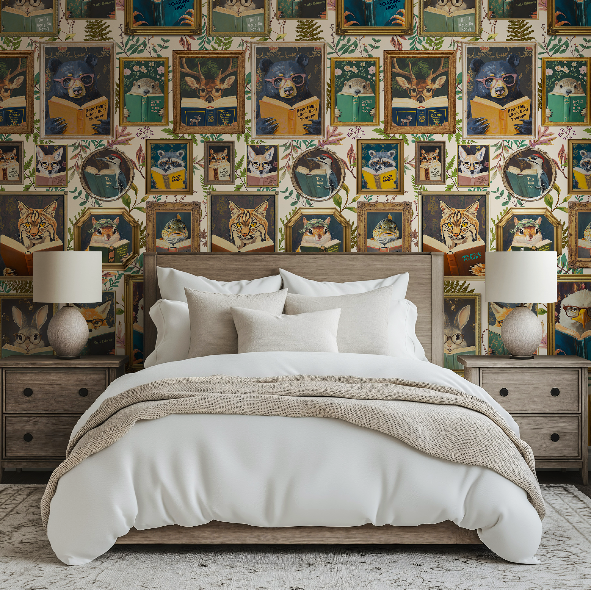 Whimsical Animals Reading Wallpaper - Cabin In the Woods Version - Ivory