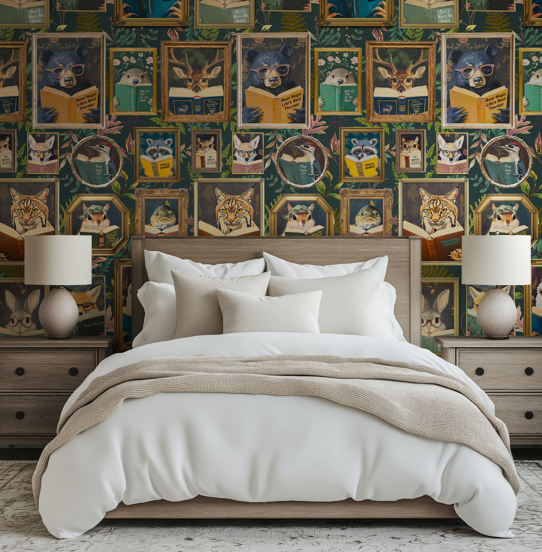 Whimsical Animals Reading Wallpaper - Cabin In the Woods Version - Green