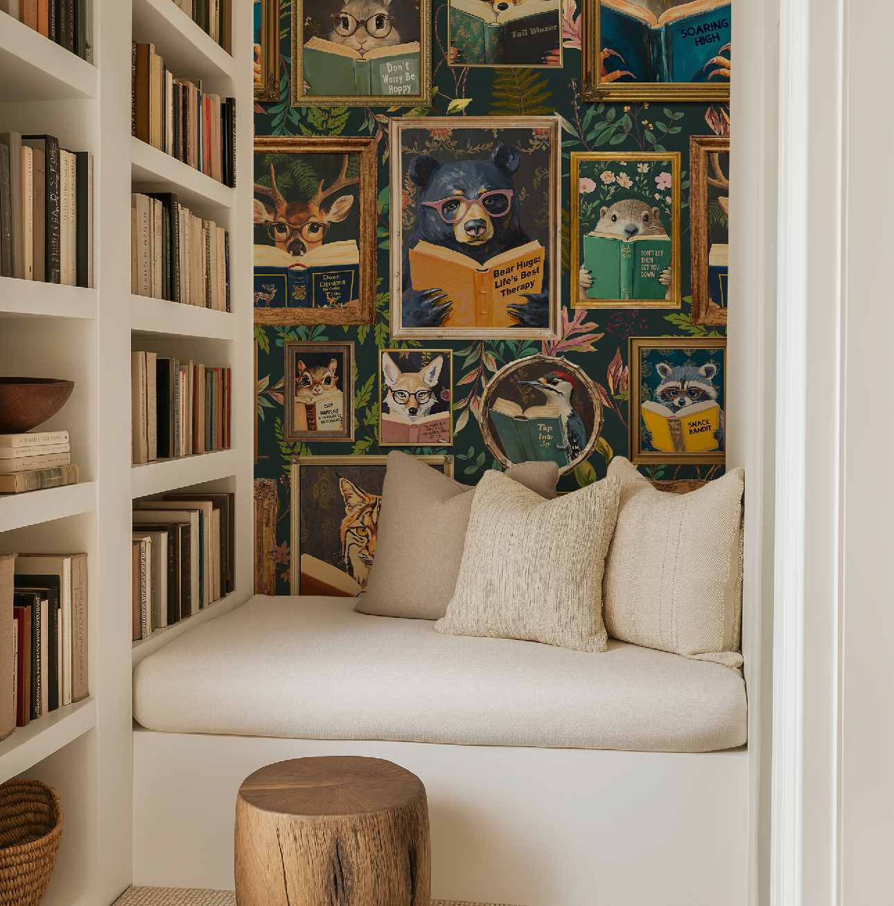 Whimsical Animals Reading Wallpaper - Cabin In the Woods Version - Green